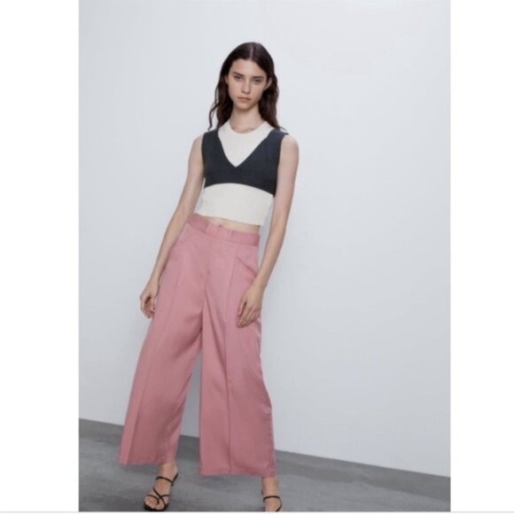 NEW Zara Dusty Rose Pink High Waist Wide Leg Culottes Pants, Size S - Picture 2 of 16